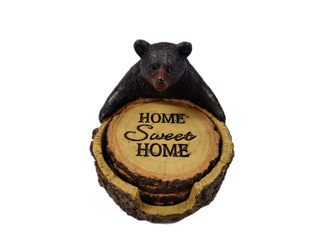 Polyresin Black Bear Wooden Stump Rustic Woodland Coaster 4-Piece Set with Decorative Holder