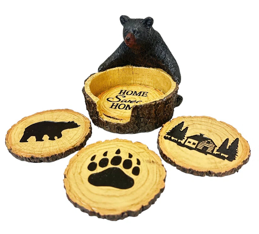 Polyresin Black Bear Wooden Stump Rustic Woodland Coaster 4-Piece Set with Decorative Holder