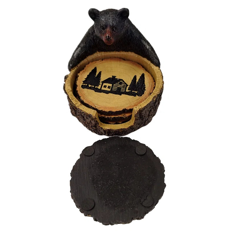 Polyresin Black Bear Wooden Stump Rustic Woodland Coaster 4-Piece Set with Decorative Holder