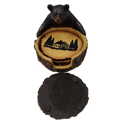 Polyresin Black Bear Wooden Stump Rustic Woodland Coaster 4-Piece Set with Decorative Holder