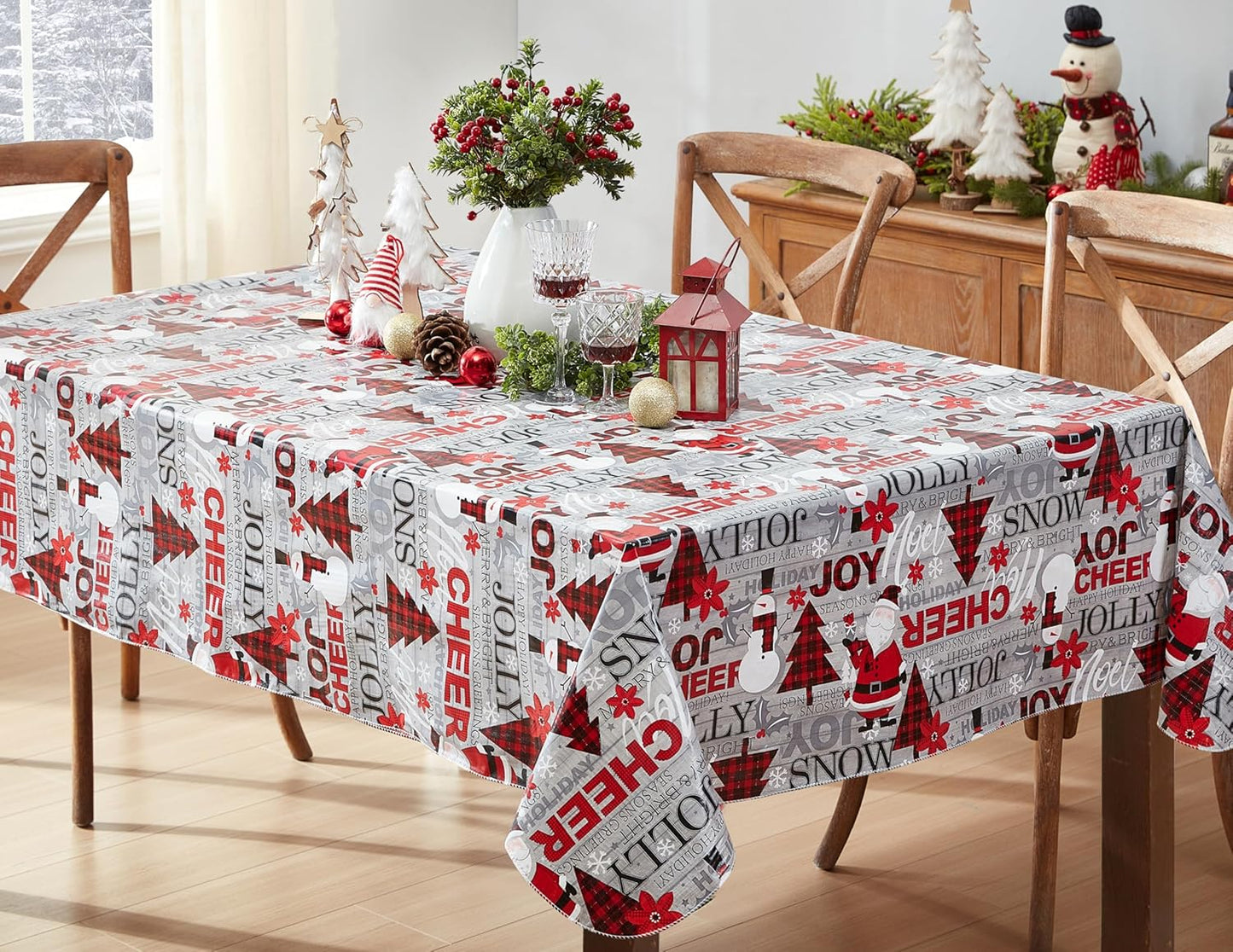 Holiday Word Collage Vinyl Tablecloth with Flannel Backing – 60 x 102 Inch Rectangle, Featuring Red Plaid Trees, Santa, and Snowflakes – Easy-Care Wipe Clean Design