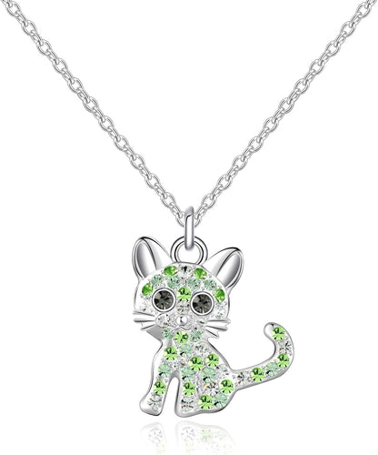 Cat-Themed Birthstone Necklace for Women - Elegant Kitty Pendant Jewelry for Cat Lovers