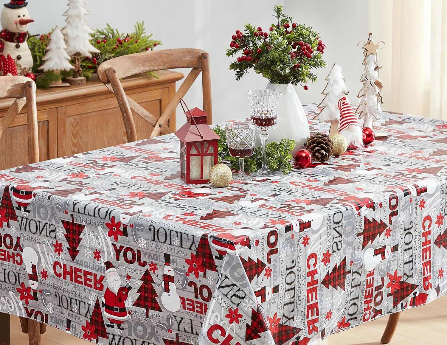 Holiday Word Collage Vinyl Tablecloth with Flannel Backing – 60 x 102 Inch Rectangle, Featuring Red Plaid Trees, Santa, and Snowflakes – Easy-Care Wipe Clean Design