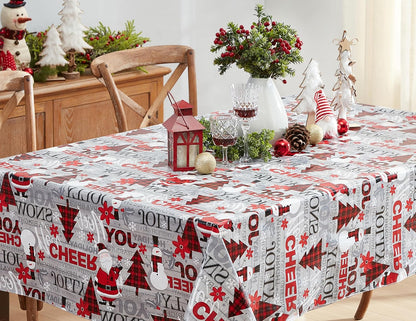 Holiday Word Collage Vinyl Tablecloth with Flannel Backing – 60 x 102 Inch Rectangle, Featuring Red Plaid Trees, Santa, and Snowflakes – Easy-Care Wipe Clean Design
