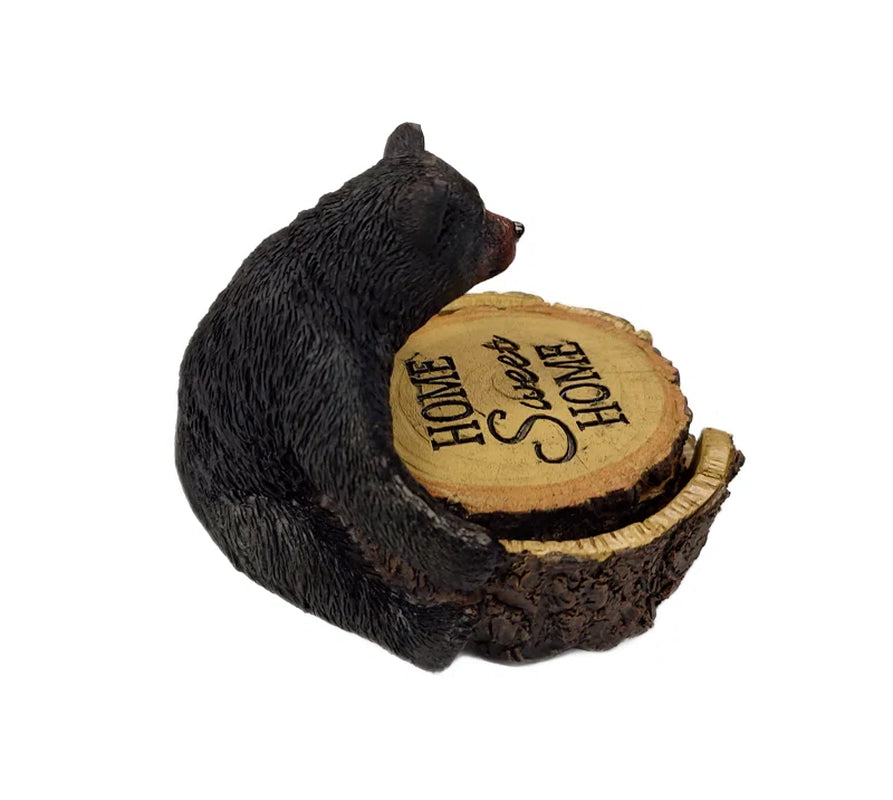 Polyresin Black Bear Wooden Stump Rustic Woodland Coaster 4-Piece Set with Decorative Holder