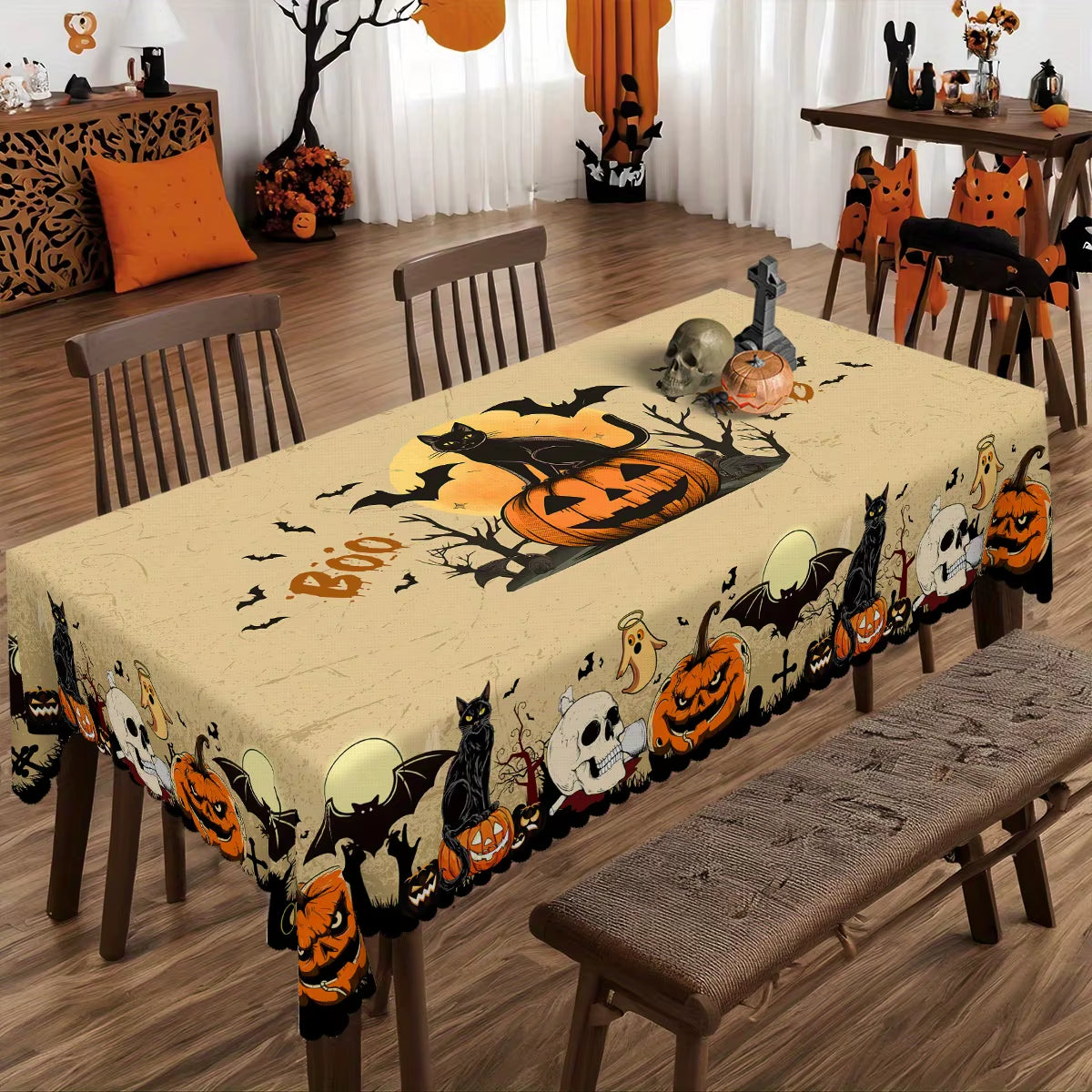 Halloween Pumpkins Bats Skulls Tablecloths Halloween Spooky Black Cat Polyester Kitchen Dining Table Cloth Halloween Decoration