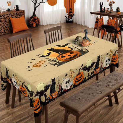 Halloween Pumpkins Bats Skulls Tablecloths Halloween Spooky Black Cat Polyester Kitchen Dining Table Cloth Halloween Decoration