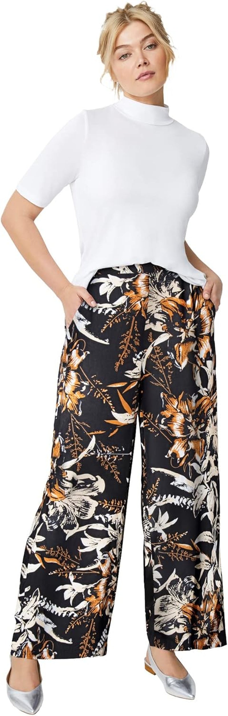 Plus Size Wide-Leg Soft Trousers with Back Elastic Waistband