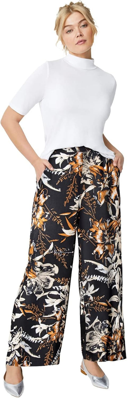 Plus Size Wide-Leg Soft Trousers with Back Elastic Waistband