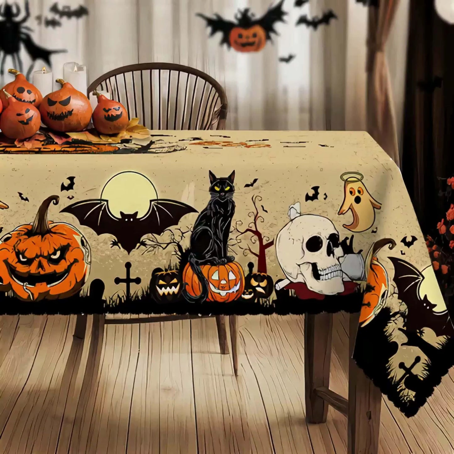 Halloween Pumpkins Bats Skulls Tablecloths Halloween Spooky Black Cat Polyester Kitchen Dining Table Cloth Halloween Decoration