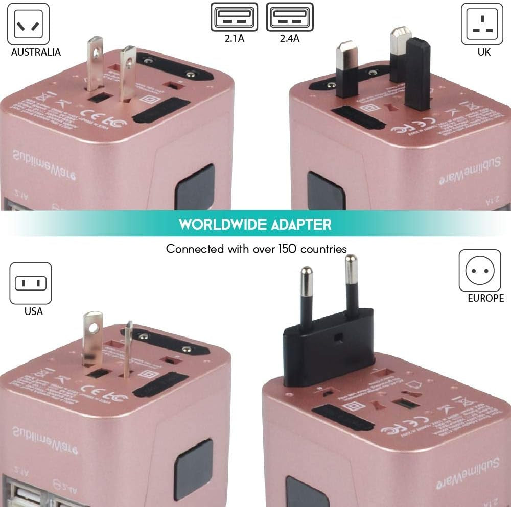 Universal Travel Adapter - All-in-One International Plug (Rose Gold) with 4 USB Ports, Compatible in 150+ Countries, 220 Volt, Type C to G, Ideal for UK, Japan, Germany, France, EU