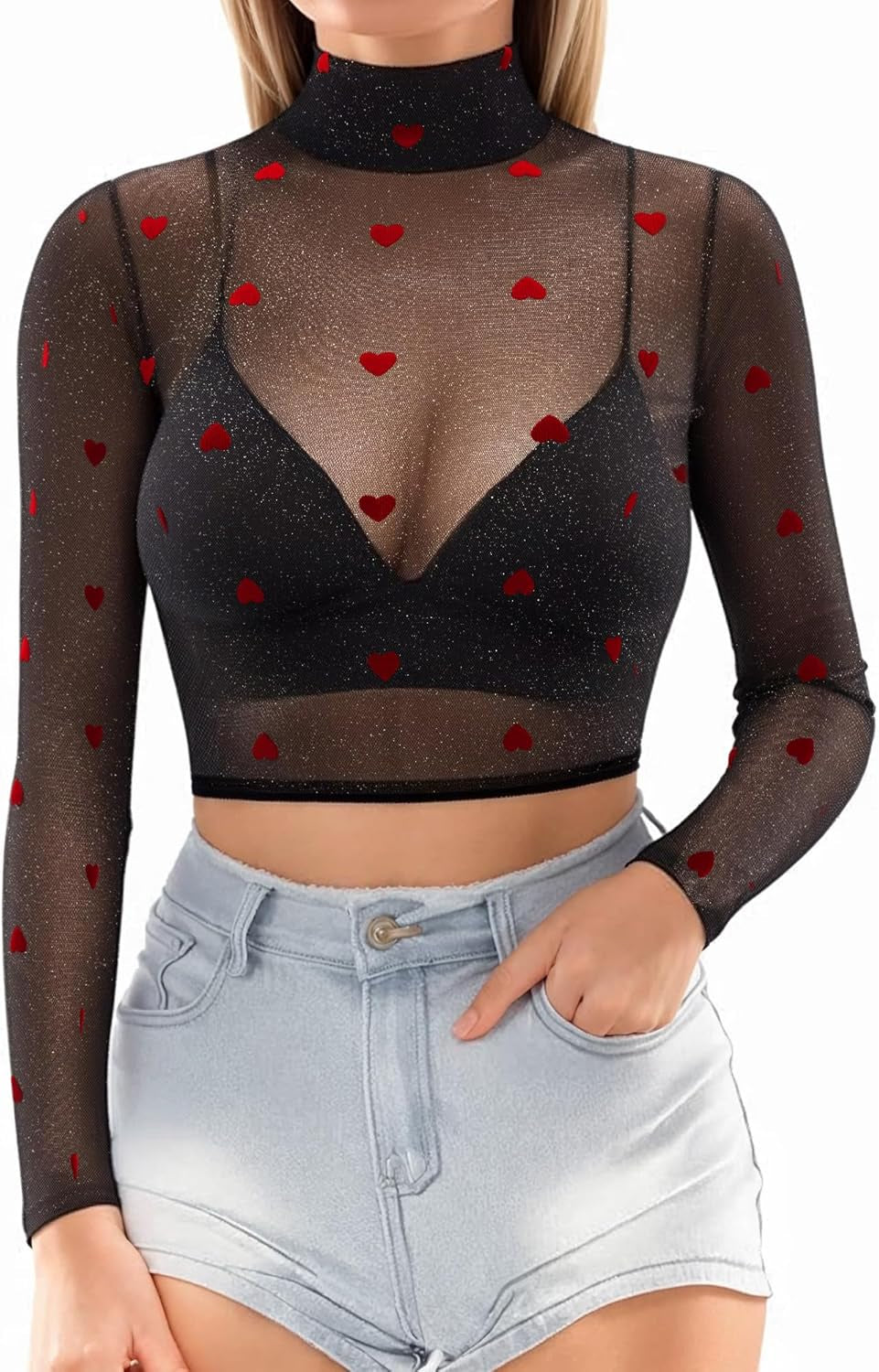 Women's Sheer Mesh Short and Long Sleeve Crop Top Blouse