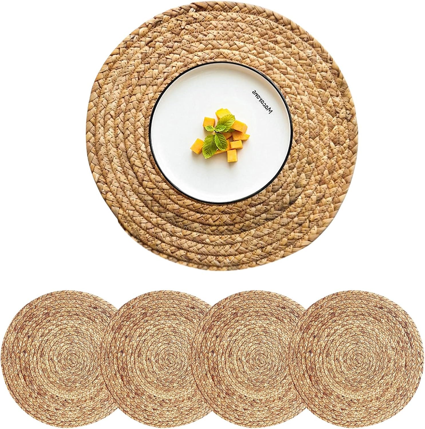 Set of 4 Round Woven Placemats from Natural Water Hyacinth, 13.5 Inch Rattan Heat-Resistant Outdoor Table Mats for Farmhouse and Boho Decor