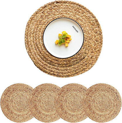 Set of 4 Round Woven Placemats from Natural Water Hyacinth, 13.5 Inch Rattan Heat-Resistant Outdoor Table Mats for Farmhouse and Boho Decor