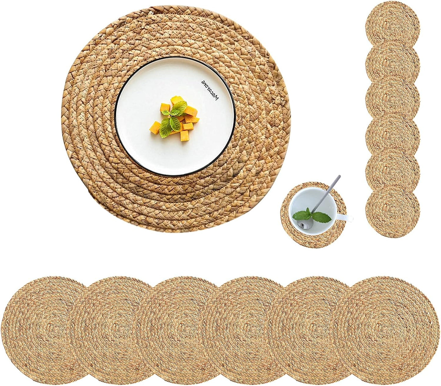Set of 4 Round Woven Placemats from Natural Water Hyacinth, 13.5 Inch Rattan Heat-Resistant Outdoor Table Mats for Farmhouse and Boho Decor