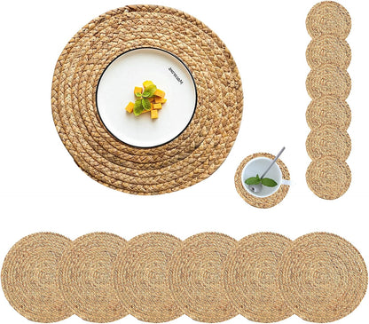Set of 4 Round Woven Placemats from Natural Water Hyacinth, 13.5 Inch Rattan Heat-Resistant Outdoor Table Mats for Farmhouse and Boho Decor