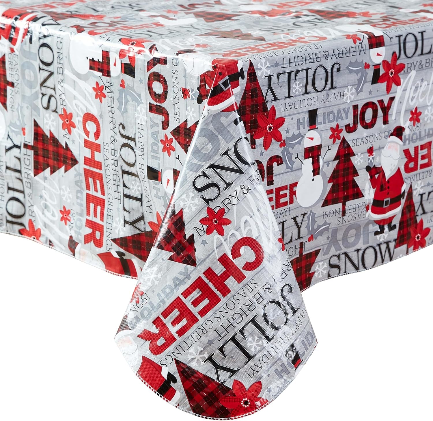 Holiday Word Collage Vinyl Tablecloth with Flannel Backing – 60 x 102 Inch Rectangle, Featuring Red Plaid Trees, Santa, and Snowflakes – Easy-Care Wipe Clean Design
