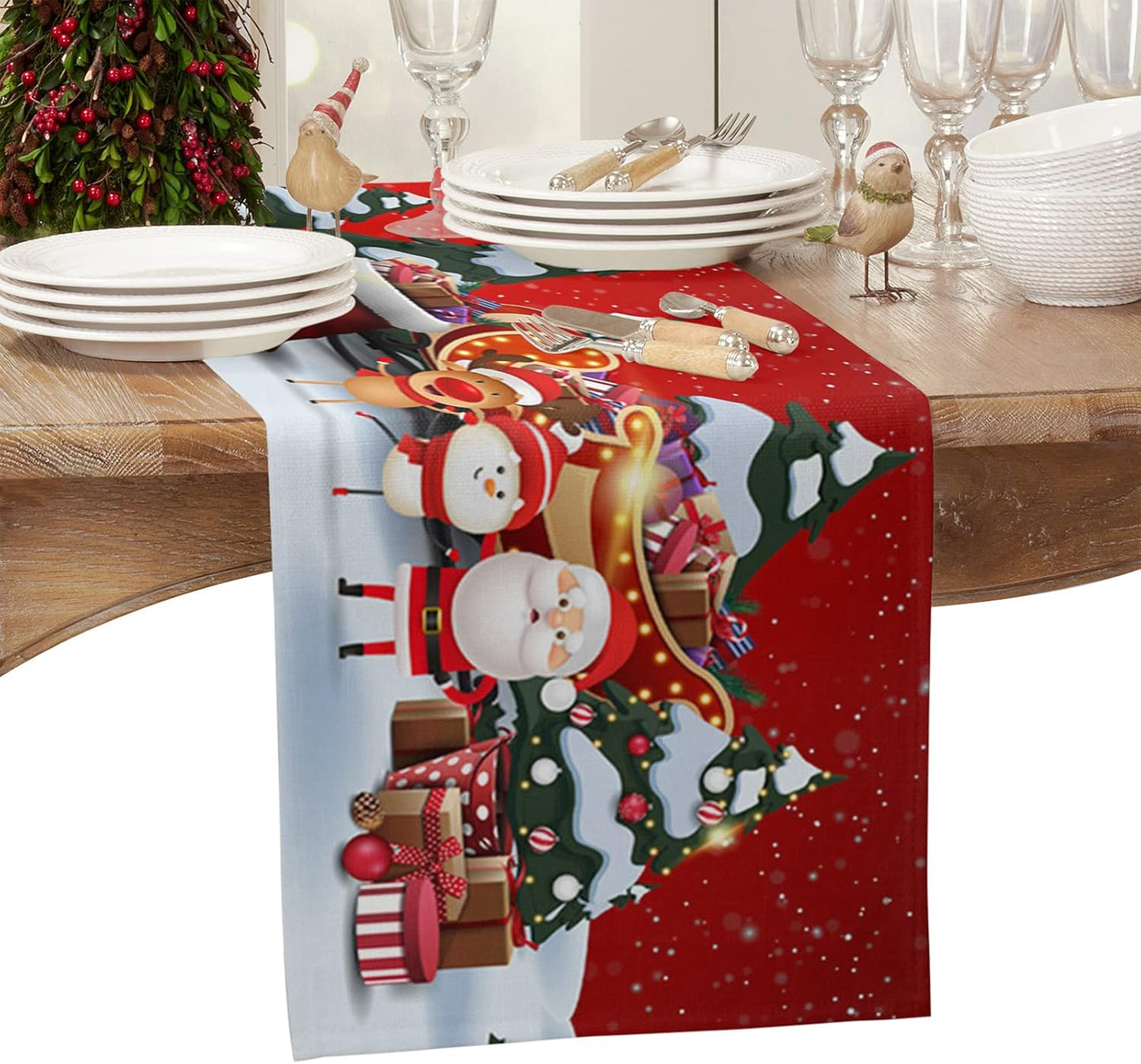 Christmas Table Runner - 70 Inches Long - Festive Red Decor Featuring Santa Claus - Ideal for Kitchen, Dining, Coffee, Weddings, Parties, and Birthdays - 13x70 Inches