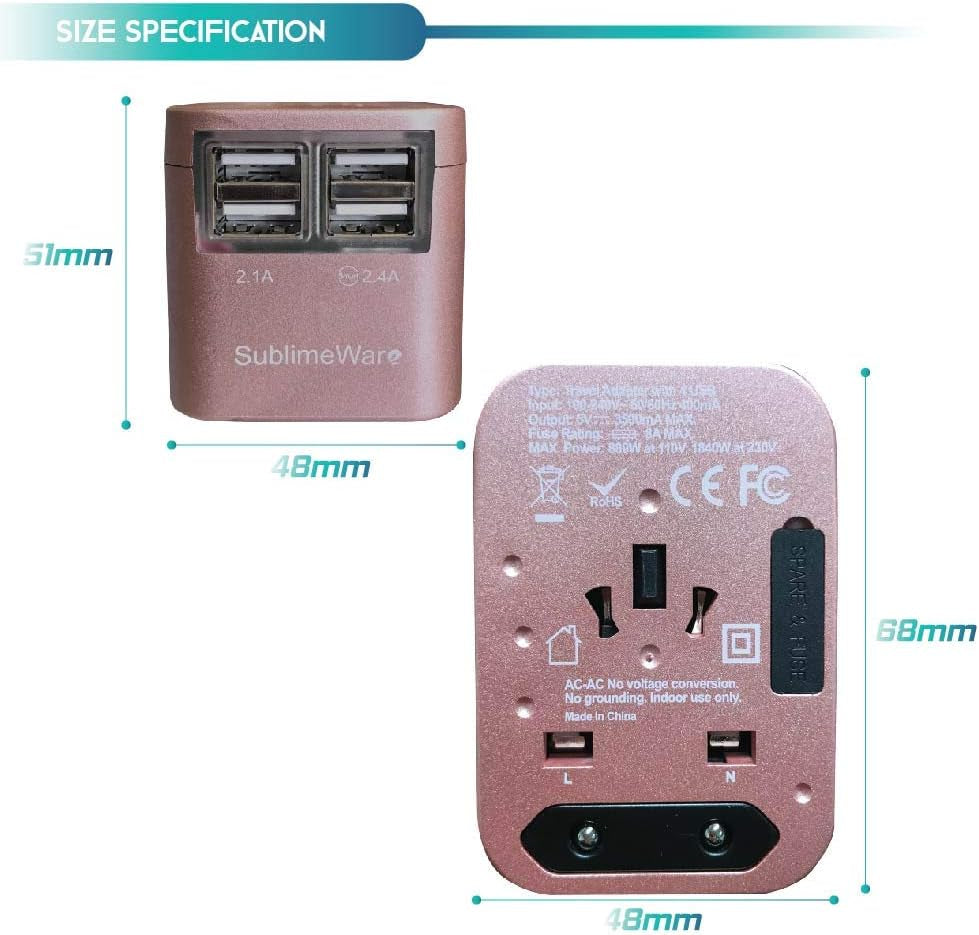 Universal Travel Adapter - All-in-One International Plug (Rose Gold) with 4 USB Ports, Compatible in 150+ Countries, 220 Volt, Type C to G, Ideal for UK, Japan, Germany, France, EU