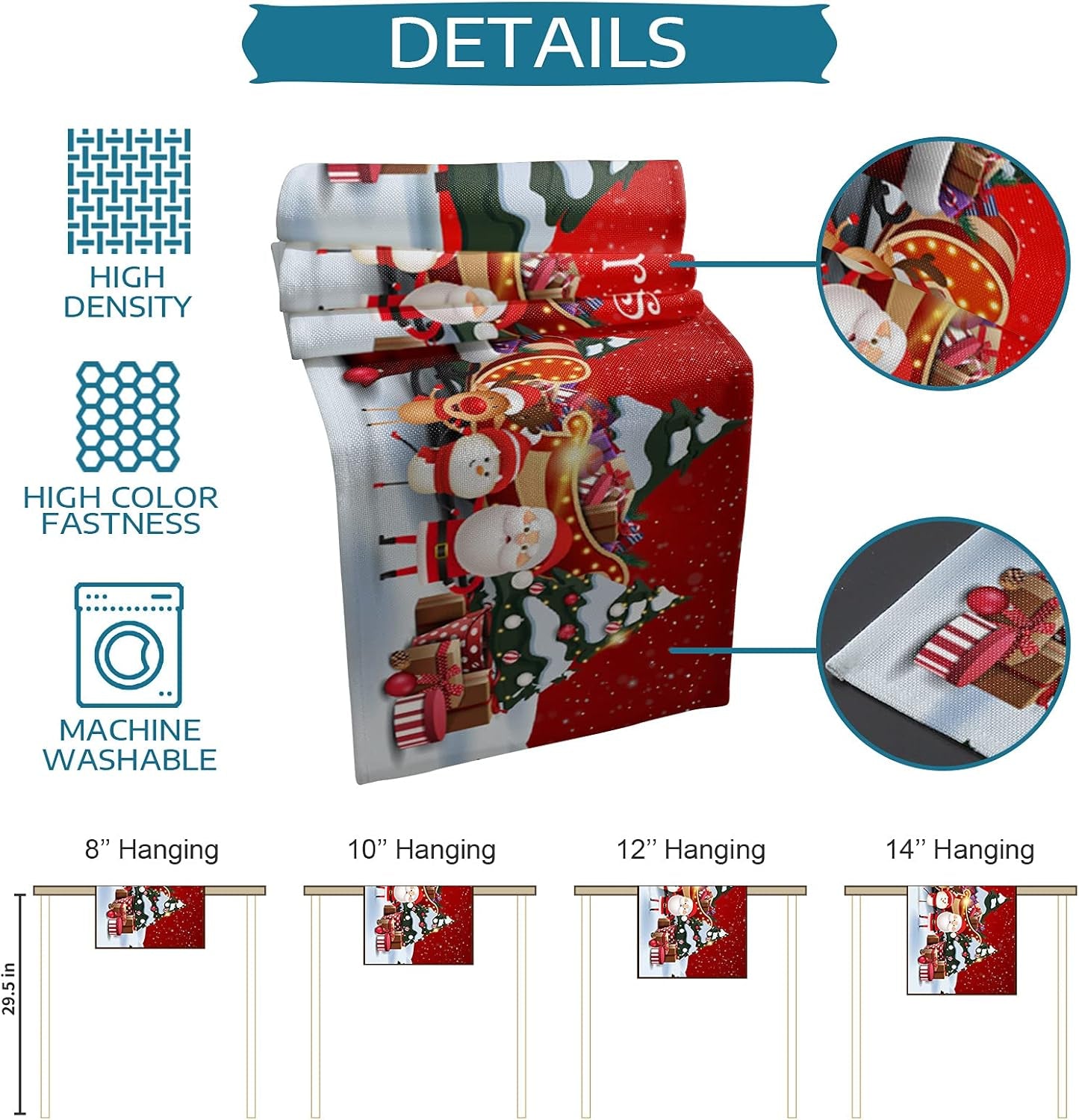 Christmas Table Runner - 70 Inches Long - Festive Red Decor Featuring Santa Claus - Ideal for Kitchen, Dining, Coffee, Weddings, Parties, and Birthdays - 13x70 Inches